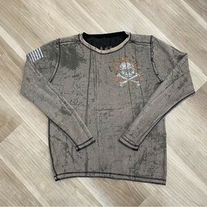 Affliction Men's Distressed Reversible Faded Skull Long Sleeve Crewneck